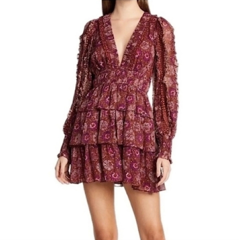House of Harlow Tiered Purple Floral Chiffon Mini Dress Size 6